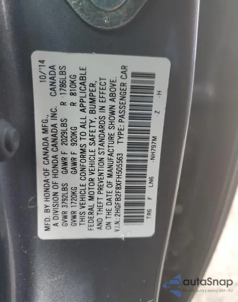 2015 Honda Civic Ex из США, поврежденный, VIN 2HGFB2F8XFH505563